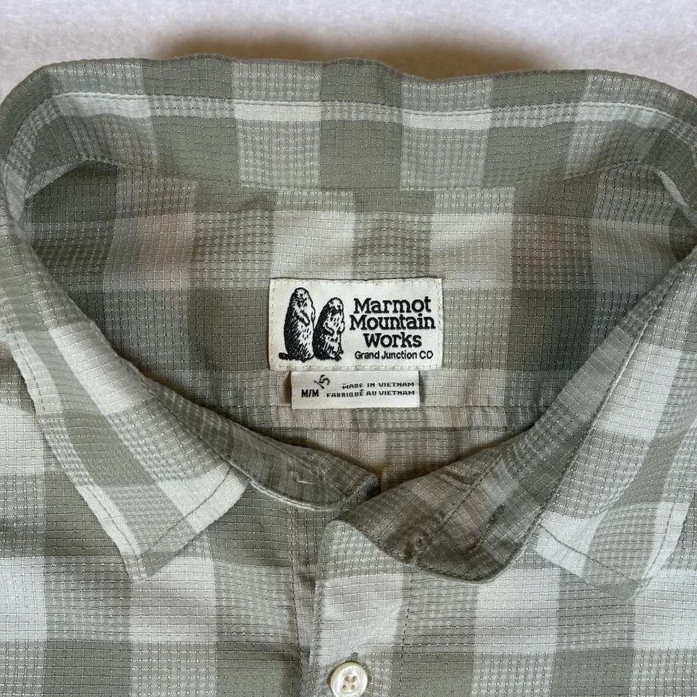 Marmot Shirt Mens M Green Plaid Polyester Short Sleeve Gorpcore Hiking Outdoor